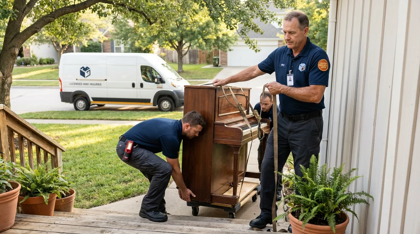 Licensed piano movers securing grand piano in Abingdon, IL